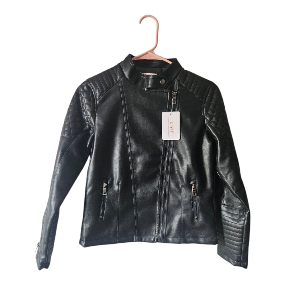 LJYH Boys Faux Leather Black Motorcycle  Jacket Full Zip & Pockets 11-12 Yrs